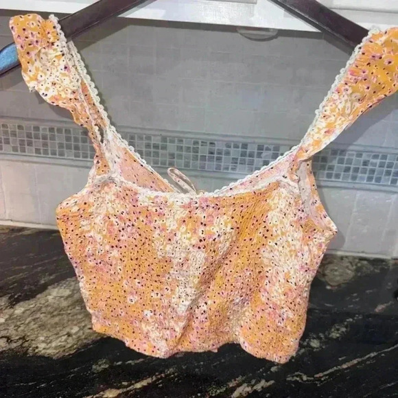NWT!! Sim & Sam Ruffle Boho Crop Top Tank Size Small! Orange & Cream Floral - Picture 13 of 14